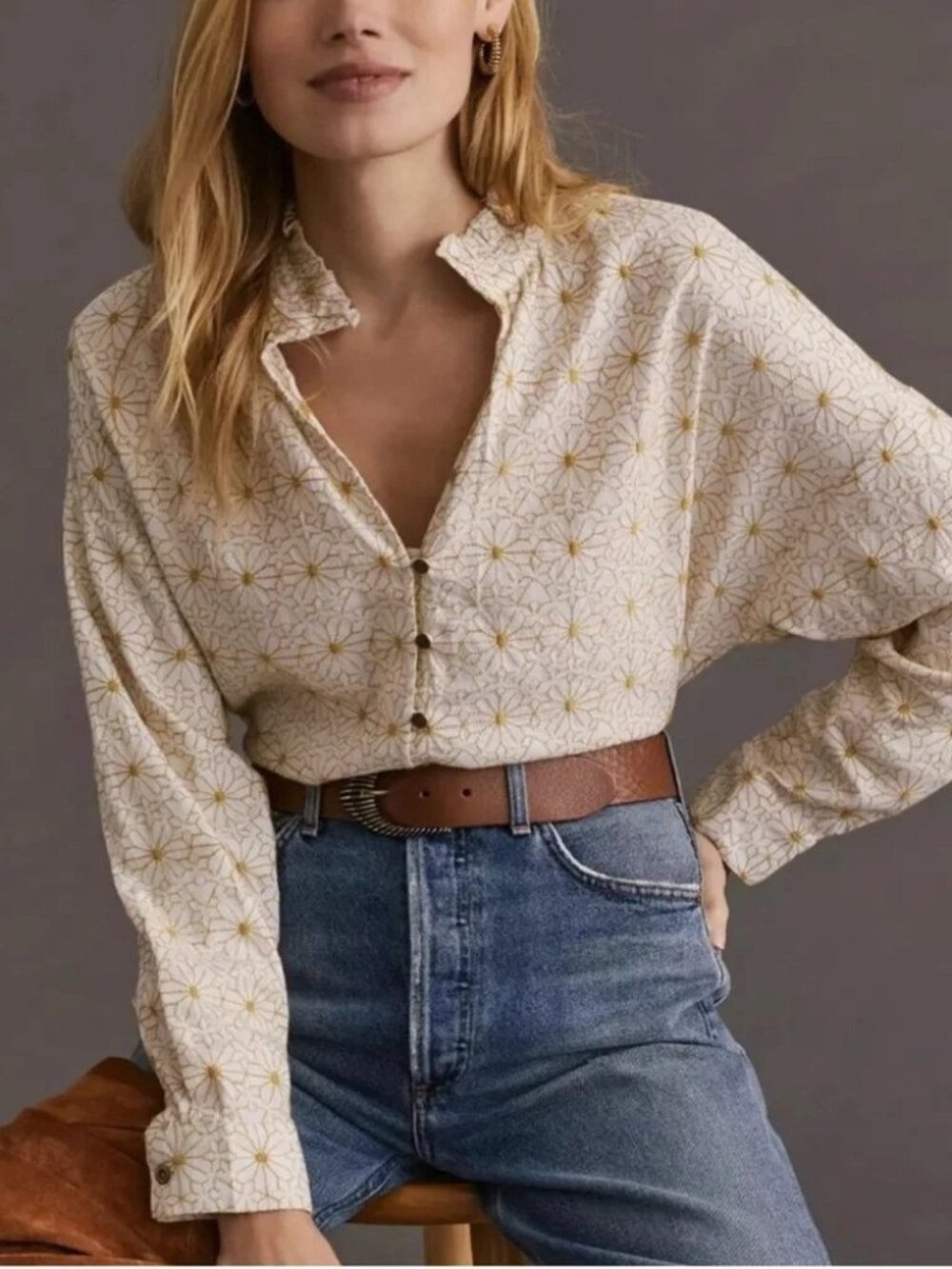 Pilcro The Tavi Button-Down Embroidered Daisy Blouse Boho Floral Cream/Gold S
